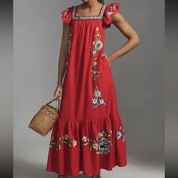 New FARM Rio for Anthropologie Embroidered Square-Neck Dress - Picture 1 of 4